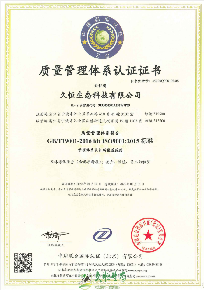 东西湖质量管理体系ISO9001证书